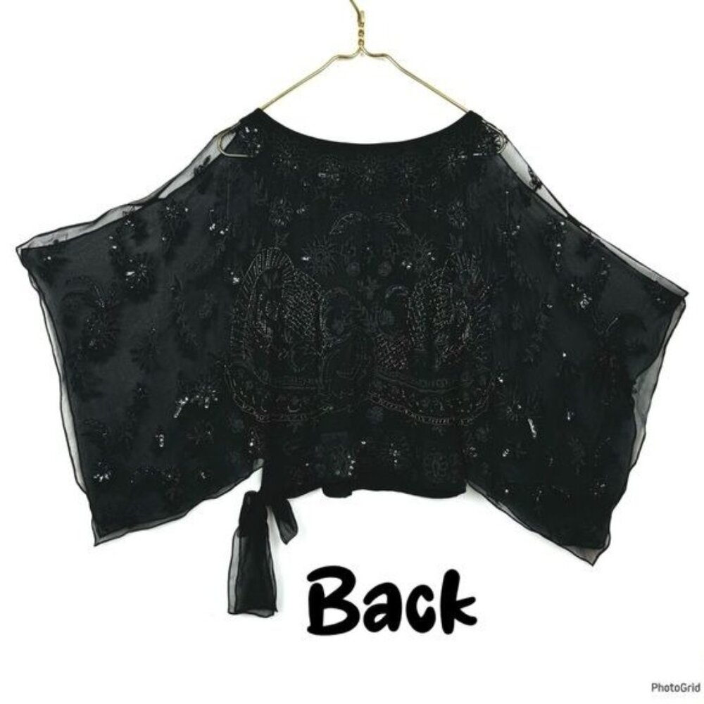Pure silk sequined and beaded blouse Tie-side Embellished Sheer Black Blouse S - Picture 6 of 13